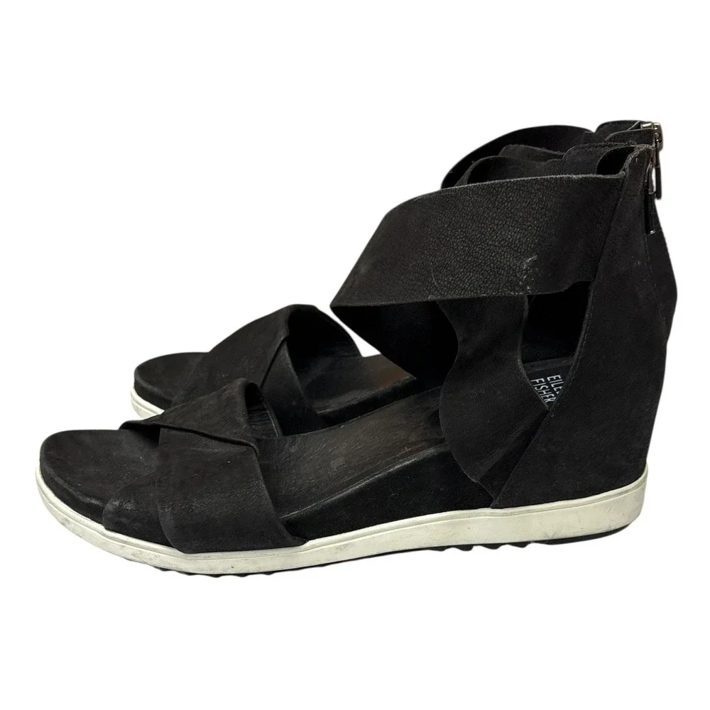 Eileen Fisher Viv Tumbled Black Nubuck Wedge Sandal Resort Travel Casual 9